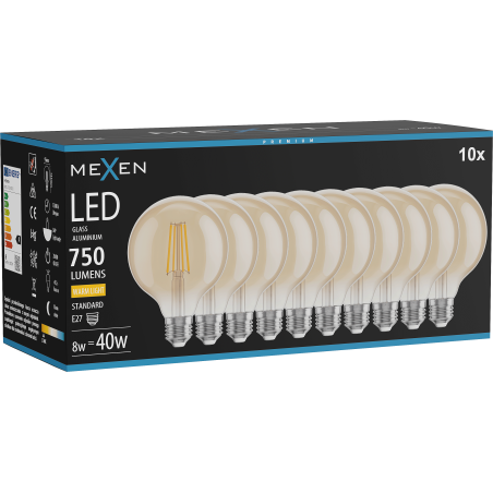 Mexen Vintis 10x Ampoule filament LED E27, G95, 8W, Chaude - 2700K, 750 lm, ambre - L157-E27-0827-50x10