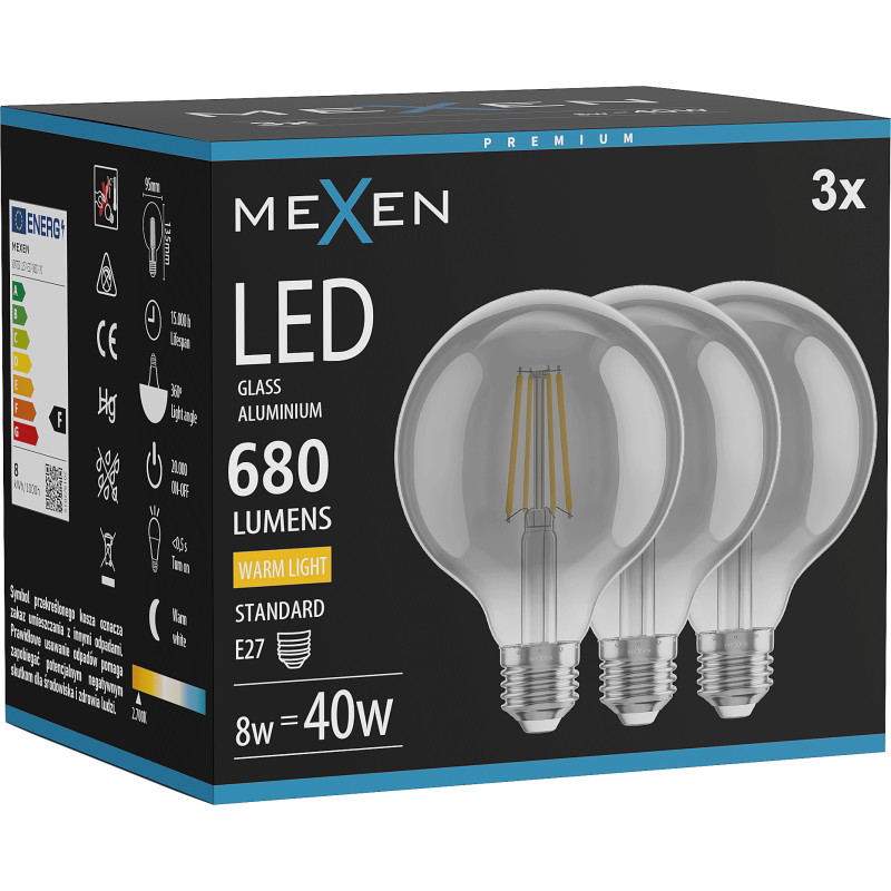 Mexen Vintis 3x Ampoule filament LED E27, G95, 8W, Chaude - 2700K, 680 lm, fumée - L157-E27-0827-70x03