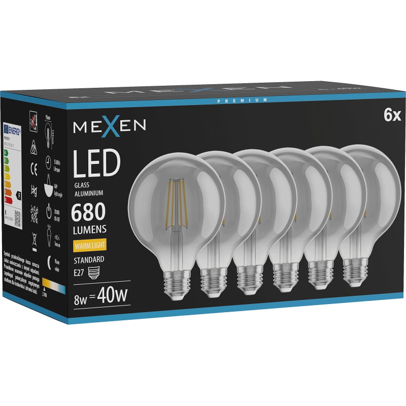 Mexen Vintis 6x Ampoule filament LED E27, G95, 8W, Chaude - 2700K, 680 lm, fumée - L157-E27-0827-70x06