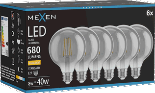 Mexen Vintis 6x Ampoule filament LED E27, G95, 8W, Chaude - 2700K, 680 lm, fumée - L157-E27-0827-70x06