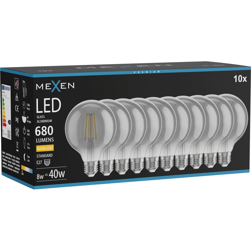 Mexen Vintis 10x Ampoule filament LED E27, G95, 8W, Chaude - 2700K, 680 lm, fumée - L157-E27-0827-70x10