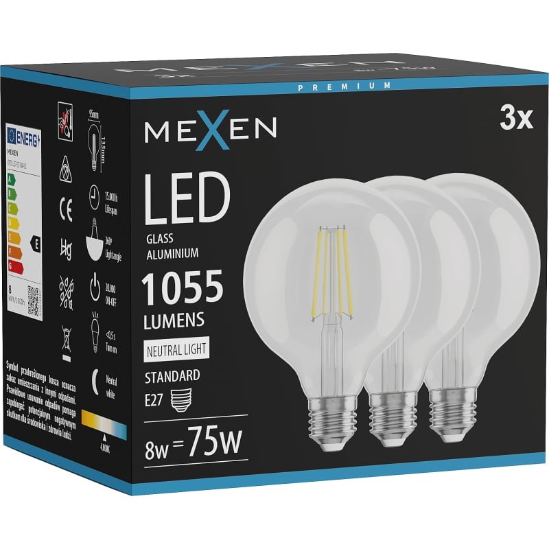 Mexen Vintis 3x Ampoule filament LED E27, G95, 8W, Neutre - 4000K, 1055 lm, clair - L157-E27-0840-00x03