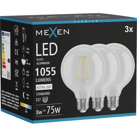 Mexen Vintis 3x Ampoule filament LED E27, G95, 8W, Neutre - 4000K, 1055 lm, clair - L157-E27-0840-00x03
