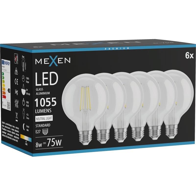 Mexen Vintis 6x Ampoule filament LED E27, G95, 8W, Neutre - 4000K, 1055 lm, clair - L157-E27-0840-00x06