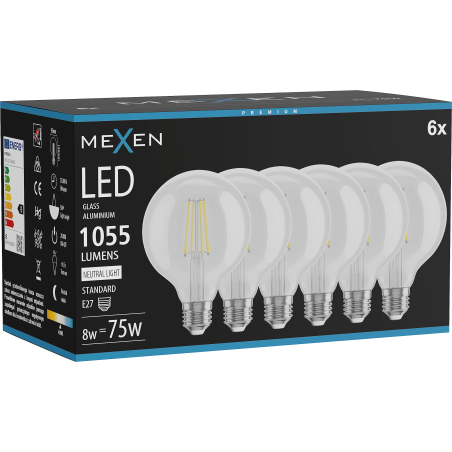 Mexen Vintis 6x Ampoule filament LED E27, G95, 8W, Neutre - 4000K, 1055 lm, clair - L157-E27-0840-00x06