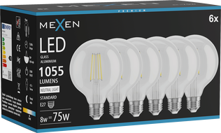 Mexen Vintis 6x Ampoule filament LED E27, G95, 8W, Neutre - 4000K, 1055 lm, clair - L157-E27-0840-00x06