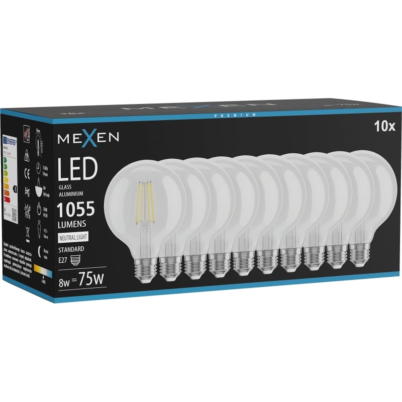 Mexen Vintis 10x ampoule filament LED E27, G95, 8W, Neutre - 4000K, 1055 lm, clair - L157-E27-0840-00x10