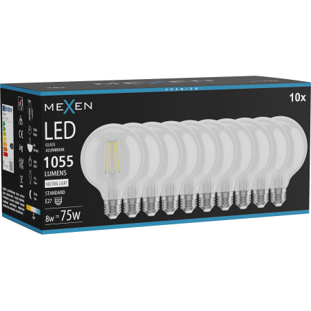 Mexen Vintis 10x ampoule filament LED E27, G95, 8W, Neutre - 4000K, 1055 lm, clair - L157-E27-0840-00x10