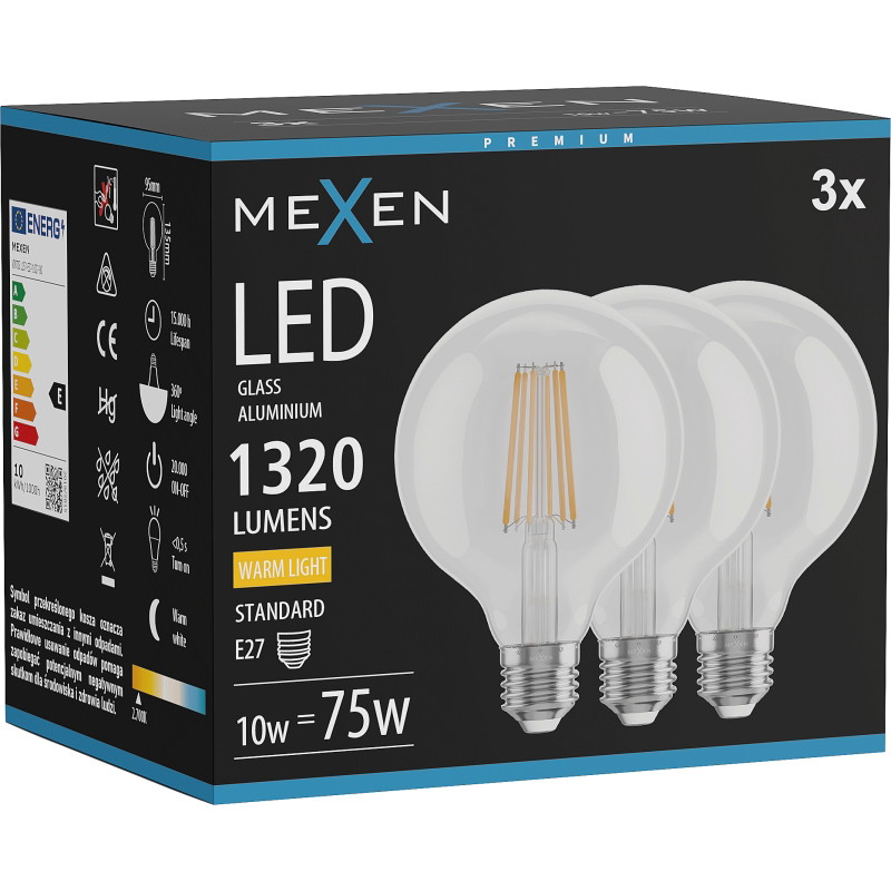 Mexen Vintis 3x Ampoule filament LED E27, G95, 10W, Chaude - 2700K, 1320 lm, transparente - L157-E27-1027-00x03