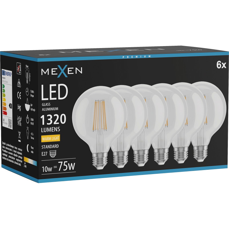 Mexen Vintis 6x Ampoule filament LED E27, G95, 10W, Chaude - 2700K, 1320 lm, clair - L157-E27-1027-00x06
