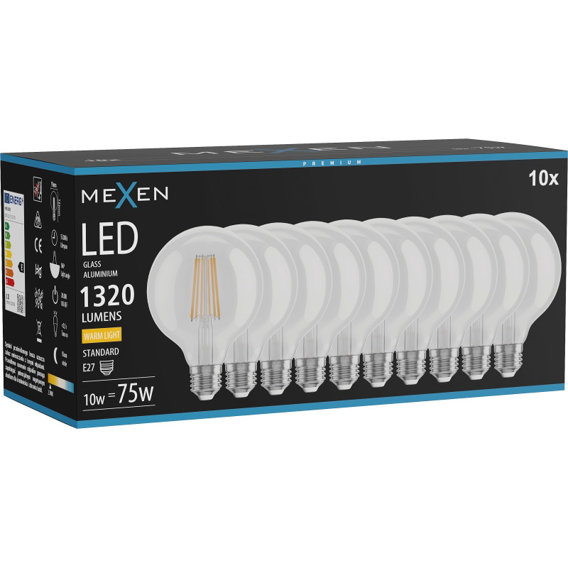Mexen Vintis 10x Ampoule filament LED E27, G95, 10W, Chaude - 2700K, 1320 lm, claire - L157-E27-1027-00x10