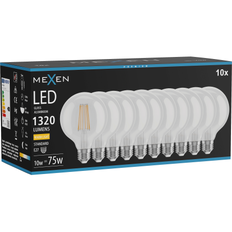 Mexen Vintis 10x Ampoule filament LED E27, G95, 10W, Chaude - 2700K, 1320 lm, claire - L157-E27-1027-00x10