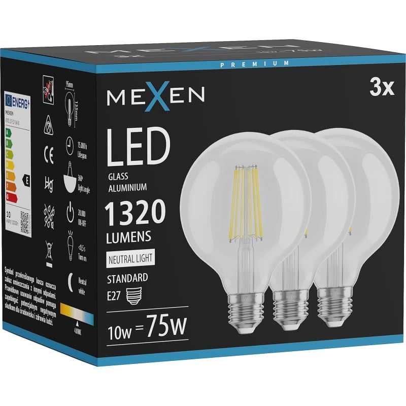 Mexen Vintis 3x Ampoule filament LED E27, G95, 10W, Neutre - 4000K, 1320 lm, claire - L157-E27-1040-00x03