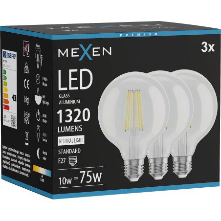 Mexen Vintis 3x Ampoule filament LED E27, G95, 10W, Neutre - 4000K, 1320 lm, claire - L157-E27-1040-00x03
