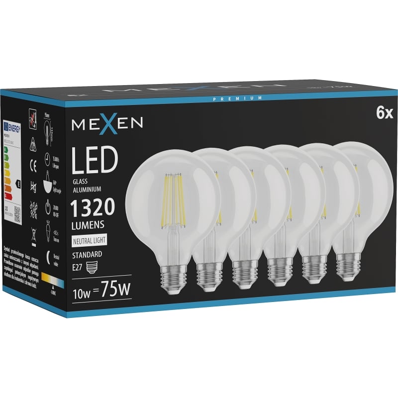 Mexen Vintis 6x Ampoule filament LED E27, G95, 10W, Neutre - 4000K, 1320 lm, clair - L157-E27-1040-00x06