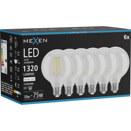 Mexen Vintis 6x Ampoule filament LED E27, G95, 10W, Neutre - 4000K, 1320 lm, clair - L157-E27-1040-00x06
