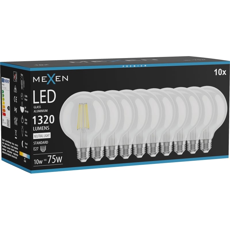 Mexen Vintis 10x Ampoule filament LED E27, G95, 10W, Neutre - 4000K, 1320 lm, clair - L157-E27-1040-00x10