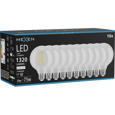 Mexen Vintis 10x Ampoule filament LED E27, G95, 10W, Neutre - 4000K, 1320 lm, clair - L157-E27-1040-00x10