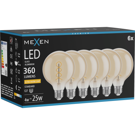 Mexen Vintis 6x Ampoule filament spirale LED E27, G95, 4W, Chaude - 2200K, 360 lm, ambre - L167-E27-0422-50x06