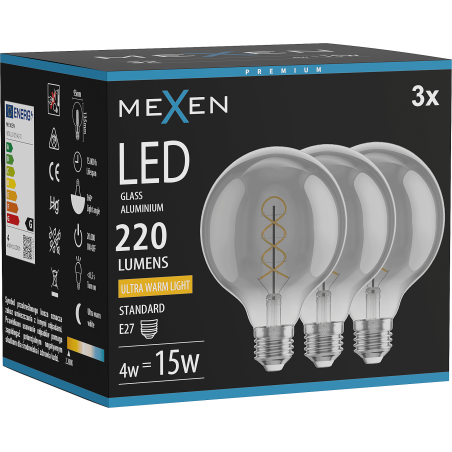Mexen Vintis 3x Ampoule filament spirale LED E27, G95, 4W, Chaude - 2200K, 220 lm, fumée - L167-E27-0422-70x03