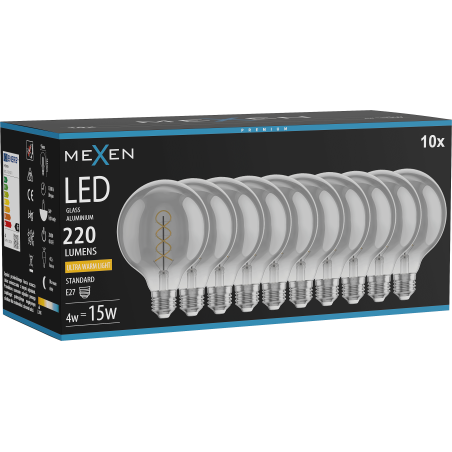 Mexen Vintis 10x ampoule filament spirale LED E27, G95, 4W, Chaude - 2200K, 220 lm, fumée - L167-E27-0422-70x10