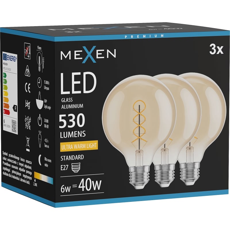 Mexen Vintis 3x Ampoule filament spirale LED E27, G95, 6W, Chaud - 2200K, 530 lm, ambre - L167-E27-0622-50x03