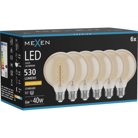 Mexen Vintis 6x Ampoule filament spirale LED E27, G95, 6W, Chaude - 2200K, 530 lm, ambre - L167-E27-0622-50x06