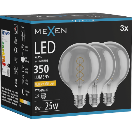 Mexen Vintis 3x ampoule filament spirale LED E27, G95, 6W, Chaude - 2200K, 350 lm, fumée - L167-E27-0622-70x03
