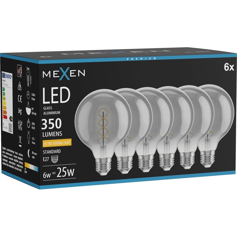 Mexen Vintis 6x Ampoule filament spirale LED E27, G95, 6W, Chaude - 2200K, 350 lm, fumée - L167-E27-0622-70x06