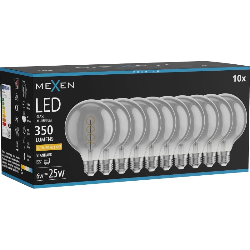 Mexen Vintis 10x Ampoule filament spirale LED E27, G95, 6W, Chaude - 2200K, 350 lm, fumée - L167-E27-0622-70x10