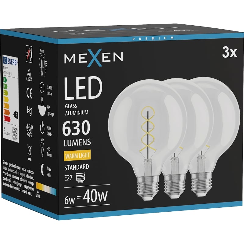 Mexen Vintis 3x Ampoule filament spirale LED E27, G95, 6W, Chaude - 2700K, 630 lm, transparente - L167-E27-0627-00x03