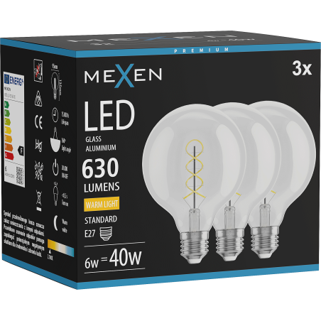 Mexen Vintis 3x Ampoule filament spirale LED E27, G95, 6W, Chaude - 2700K, 630 lm, transparente - L167-E27-0627-00x03