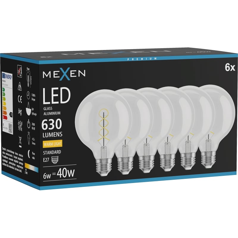 Mexen Vintis 6x ampoule à filament spirale LED E27, G95, 6W, Chaude - 2700K, 630 lm, clair - L167-E27-0627-00x06