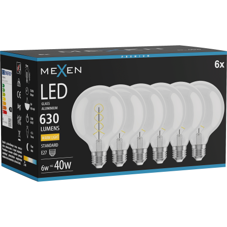 Mexen Vintis 6x ampoule à filament spirale LED E27, G95, 6W, Chaude - 2700K, 630 lm, clair - L167-E27-0627-00x06