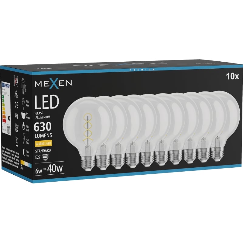 Mexen Vintis 10x Ampoule filament spirale LED E27, G95, 6W, Chaude - 2700K, 630 lm, clair - L167-E27-0627-00x10