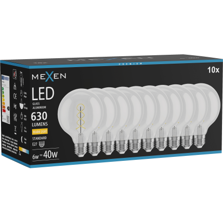 Mexen Vintis 10x Ampoule filament spirale LED E27, G95, 6W, Chaude - 2700K, 630 lm, clair - L167-E27-0627-00x10