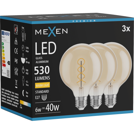 Mexen Vintis 3x Ampoule filament spirale LED E27, G95, 6W, Chaude - 2700K, 530 lm, ambre - L167-E27-0627-50x03