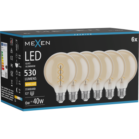 Mexen Vintis 6x Ampoule filament spirale LED E27, G95, 6W, Chaude - 2700K, 530 lm, ambre - L167-E27-0627-50x06