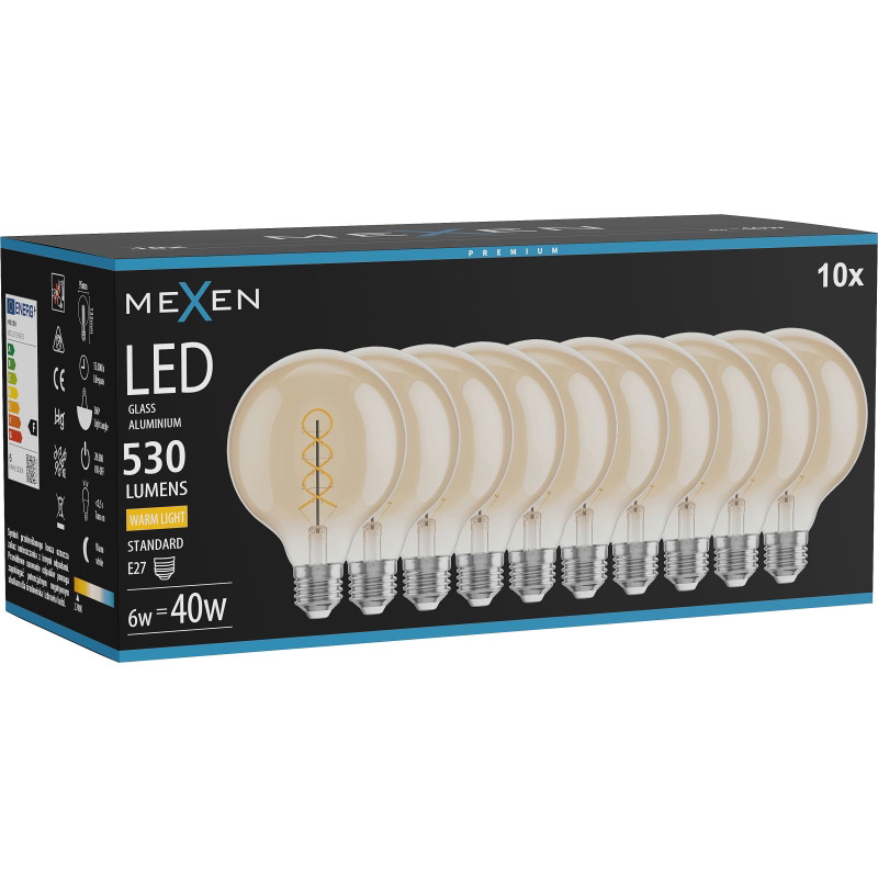 Mexen Vintis 10x Ampoule filament spirale LED E27, G95, 6W, Chaude - 2700K, 530 lm, ambre - L167-E27-0627-50x10