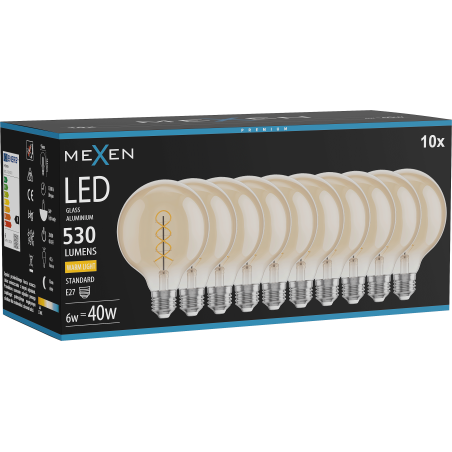 Mexen Vintis 10x Ampoule filament spirale LED E27, G95, 6W, Chaude - 2700K, 530 lm, ambre - L167-E27-0627-50x10