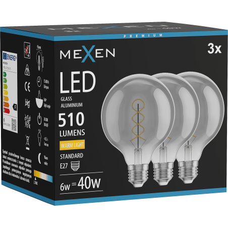 Mexen Vintis 3x Ampoule filament spirale LED E27, G95, 6W, Chaude - 2700K, 510 lm, fumée - L167-E27-0627-70x03