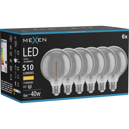 Mexen Vintis 6x Ampoule à filament spirale LED E27, G95, 6W, Chaud - 2700K, 510 lm, fumée - L167-E27-0627-70x06