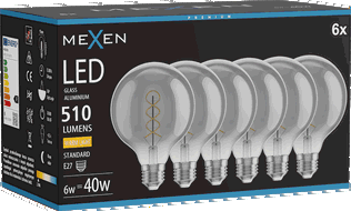 Mexen Vintis 6x Ampoule à filament spirale LED E27, G95, 6W, Chaud - 2700K, 510 lm, fumée - L167-E27-0627-70x06