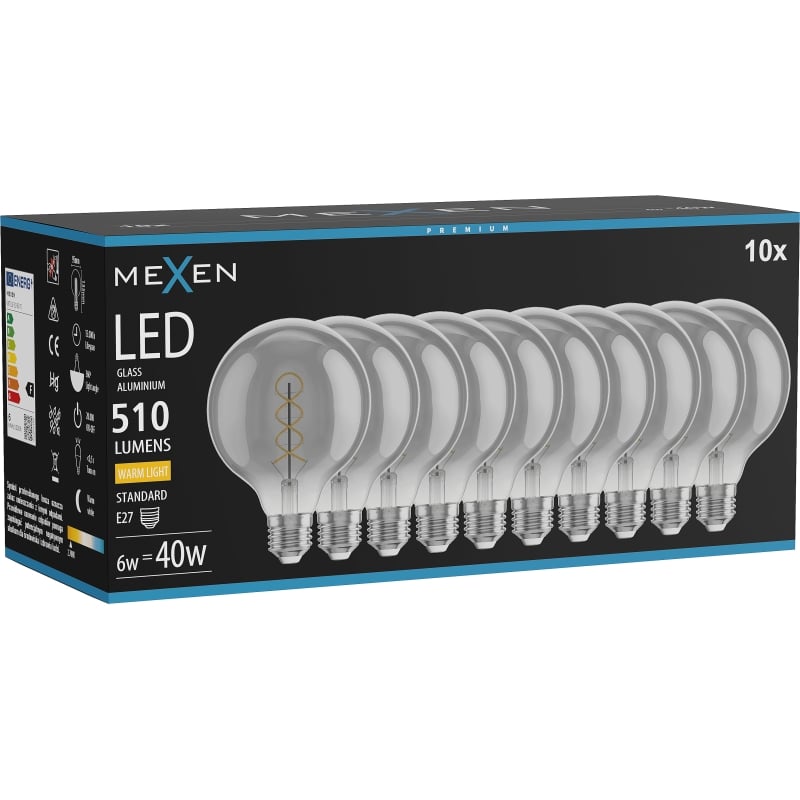 Mexen Vintis 10x Ampoule filament spirale LED E27, G95, 6W, Chaud - 2700K, 510 lm, fumé - L167-E27-0627-70x10