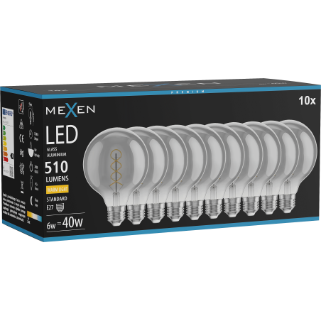 Mexen Vintis 10x Ampoule filament spirale LED E27, G95, 6W, Chaud - 2700K, 510 lm, fumé - L167-E27-0627-70x10