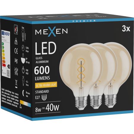 Mexen Vintis 3x Ampoule à filament spirale LED E27, G95, 8W, Chaude - 2200K, 600 lm, ambre - L167-E27-0822-50x03