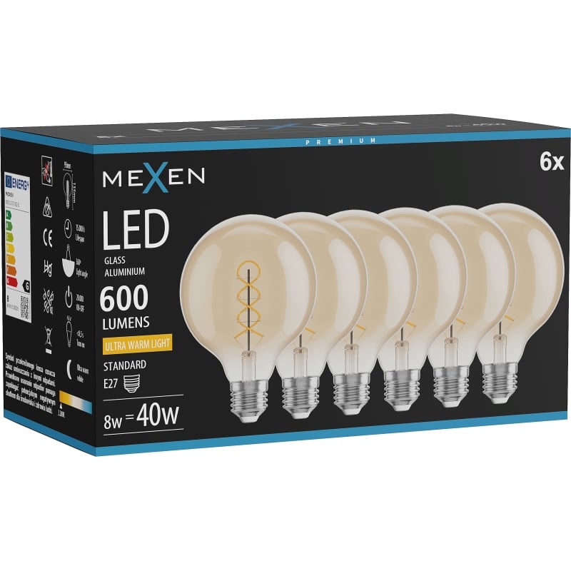 Mexen Vintis 6x Ampoule filament spirale LED E27, G95, 8W, Chaude - 2200K, 600 lm, ambre - L167-E27-0822-50x06