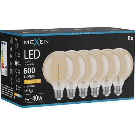 Mexen Vintis 6x Ampoule filament spirale LED E27, G95, 8W, Chaude - 2200K, 600 lm, ambre - L167-E27-0822-50x06