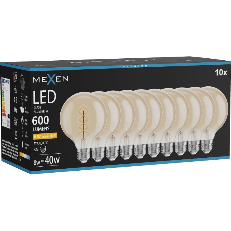 Mexen Vintis 10x Ampoule à filament spiralé LED E27, G95, 8W, Chaude - 2200K, 600 lm, ambre - L167-E27-0822-50x10