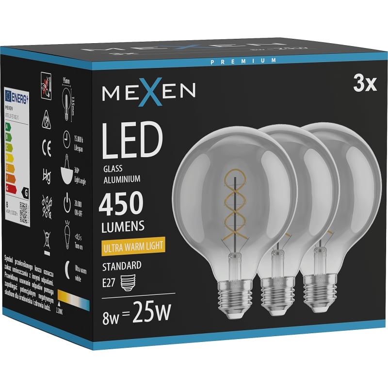 Mexen Vintis 3x Ampoule filament spirale LED E27, G95, 8W, Chaude - 2200K, 450 lm, fumée - L167-E27-0822-70x03